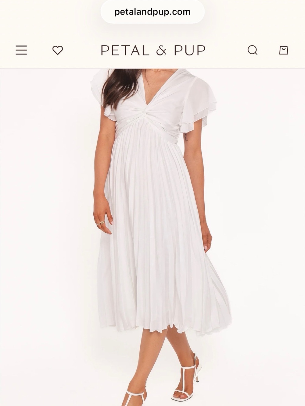 Petal & Pup White V-Neck Pleated Midi with Flutter Sleeves, Large.